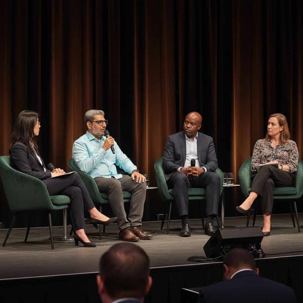 A professional panel discussion features four speakers, including Haroon Mansoori, on a sleek stage. The setting has dark flooring and an unbranded backdrop, complemented by a plush curtain wall. The diverse speakers listen attentively as Mansoori engages the audience using a wireless microphone. Dressed in business attire, they create a polished atmosphere typical of high-end corporate events. Warm professional lighting enhances the scene, while a low-angle shot captures the full stage and visible audio equipment. The overall atmosphere conveys an industry summit vibe, characterized by an engaged audience and thoughtful conversation.