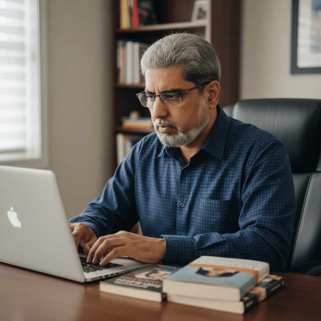 Haroon Mansoori, wearing his glasses, is deeply engrossed in writing his next publication in his home office setting with his hands typing on the laptop keyboard. Highly detailed, vibrant color photograph. He is wearing a professional dark blue shirt with light checks. On the table, next to his laptop displays blurred images of his authored books, subtly showcasing his expertise. His posture and expression are conveying confidence, knowledge, and subject matter expertise. Soft, even lighting highlights his features.