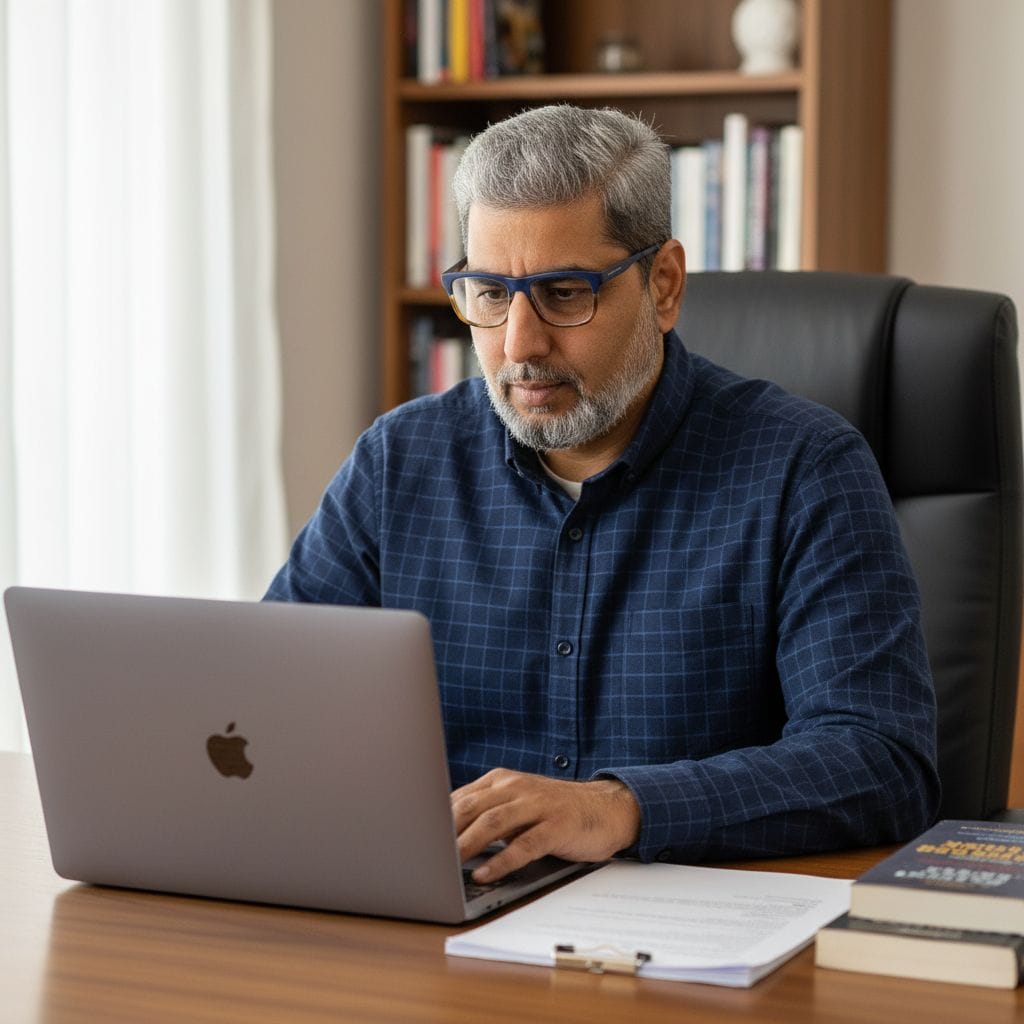 Haroon Mansoori works intently in his home office, writing technical whitepapers on his MacBook. Surrounded by cybersecurity books and his authored papers, he displays expertise. The vibrant photograph captures his confident posture and knowledge.