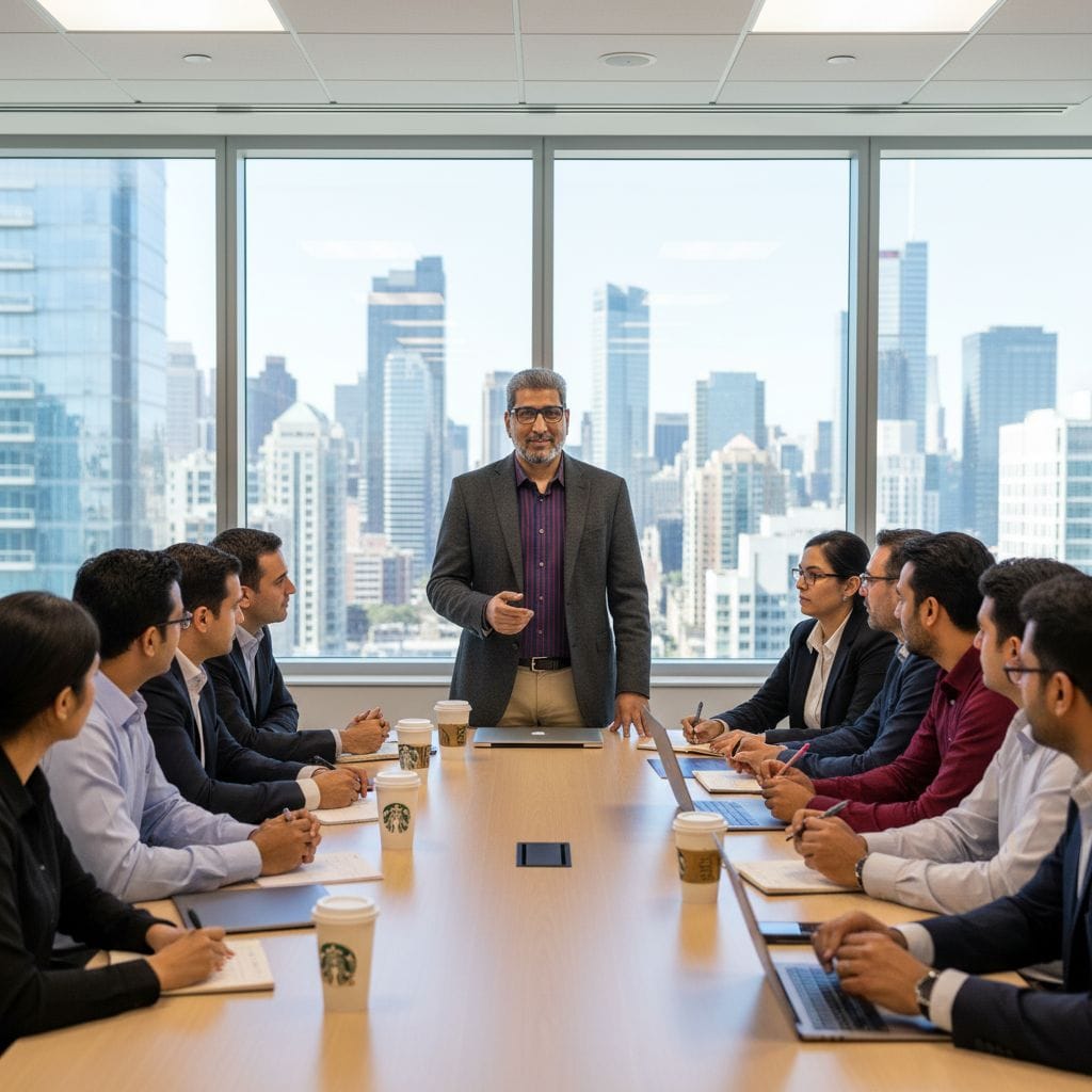 Haroon Mansoori, an experienced strategic leader and cybersecurity expert, leads a focused discussion in a modern corporate meeting room. A diverse group of developers, architects, and directors actively participates in the calm and collaborative atmosphere. Haroon, dressed in an office blazer over a maroon-blue striped shirt, exudes confidence and expertise. Starbucks coffee cups are on the polished table, with some participants using MacBooks and others writing notes. Large glass windows showcase high-rise buildings in a bustling city outside.