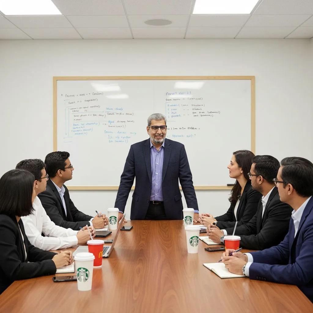 Haroon Mansoori, an AI-driven cybersecurity expert, leads a focused discussion with diverse software development team. The modern meeting room exudes a calm and collaborative atmosphere. Haroon, dressed in an office blazer, showcases concentration and expertise. Coffee cups are scattered on the table, while large windows reveal a vibrant cityscape. The setting is visually appealing with realistic lighting and vibrant colors.