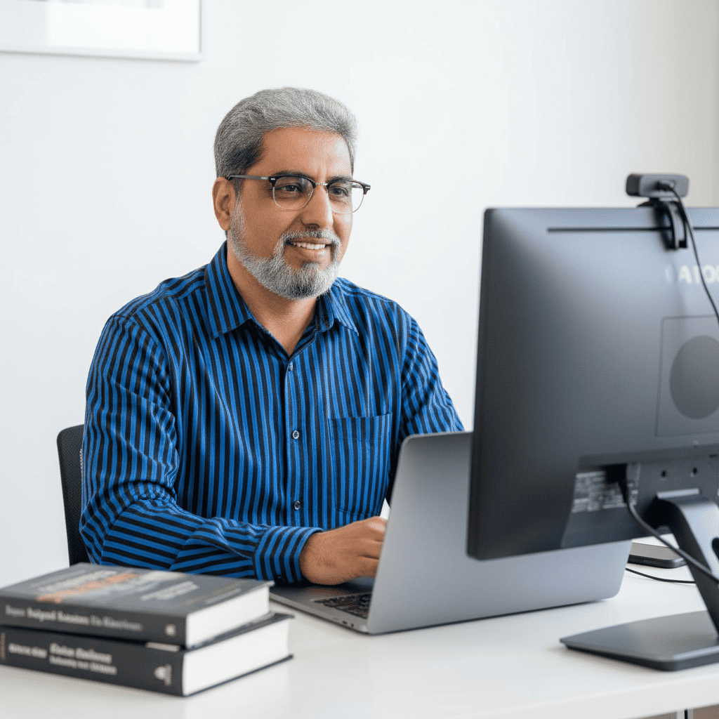 Haroon Mansoori engaged in a focused virtual meeting with corporate clients seeking his content expertise. Highly detailed, vibrant color photograph. He wears a professional blue-black striped shirt. On the table behind his laptop subtly displays blurred images of his authored books, hinting at his expertise. Focus is on his posture and expression that convey confidence, knowledge, and authority.