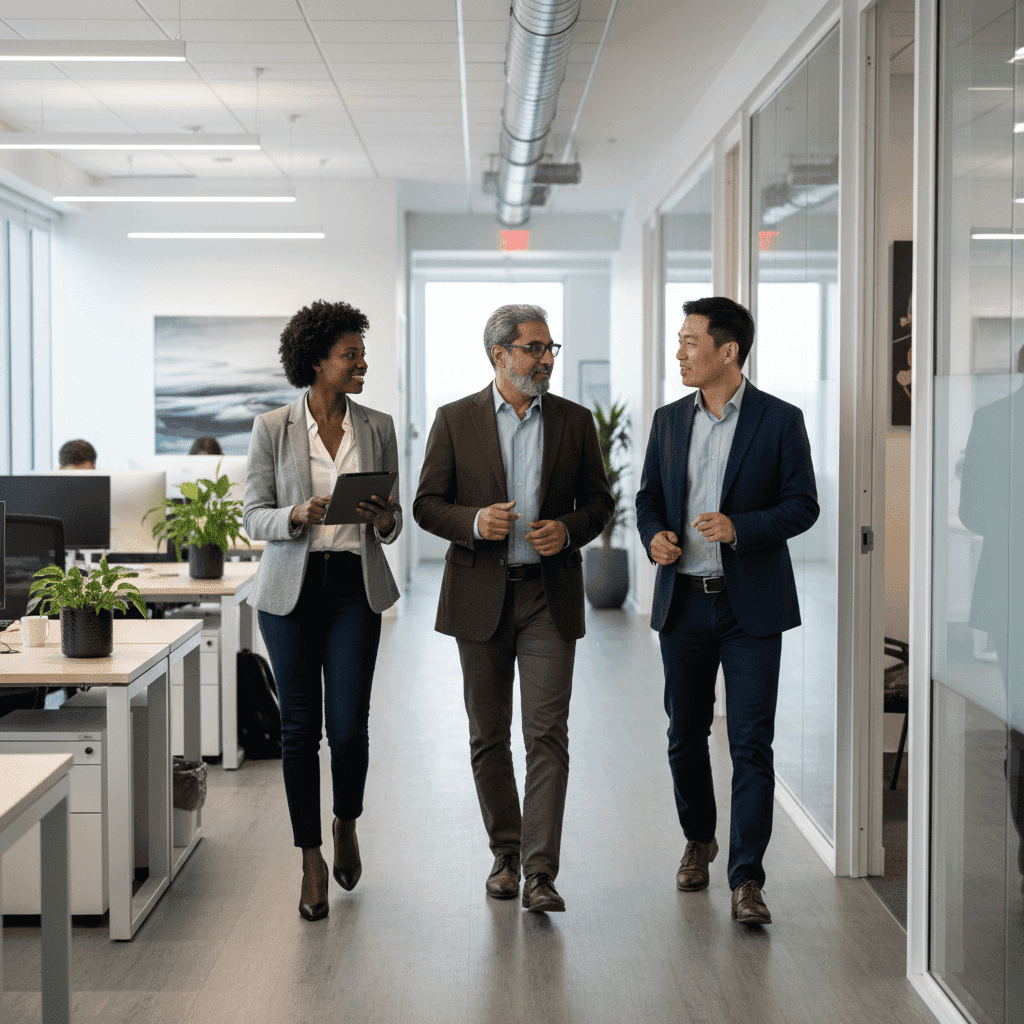 Haroon Mansoori, mid-stride in a modern corporate office, engaged in conversation with two diverse colleagues while walking through the office space. He wears a dark brownish working blazer with a contrasting shirt underneath. The photo capture his posture, expression, and attire to subtly convey confidence, knowledge, respect, curiosity, and helpfulness.